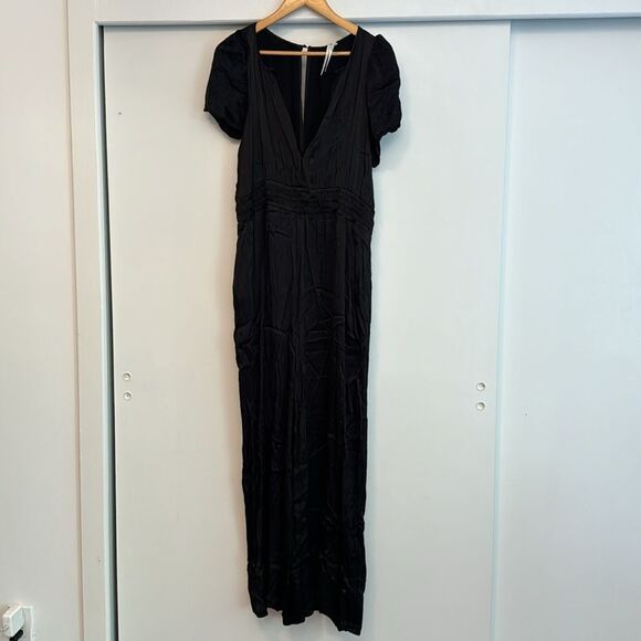 Anthropologie Large The Somerset Wide Leg Jumpsuit Satin Black - Picture 5 of 8